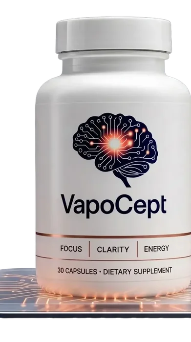 VapoCept as shown on seller websites: a white 30-capsule bottle with a circuit-board style brain graphic on the label